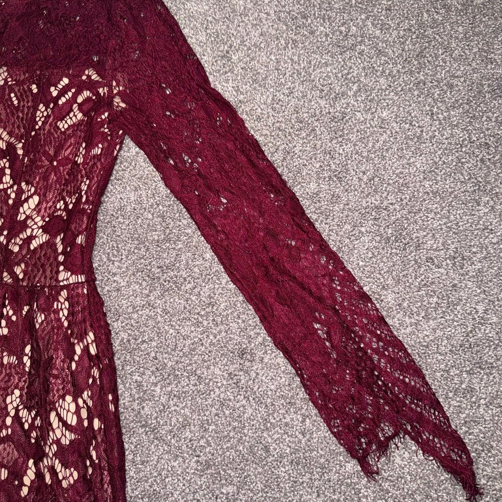 Women's Long Sleeve Maroon Lace Overlay Dress w/ Nude Lining - Picture 3 of 12